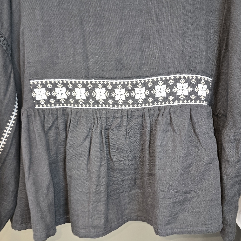 Lucky Brand Embroidered Cotton Peasant Blouse Boho V-Neck Balloon Sleeve Size M. - Picture 11 of 16
